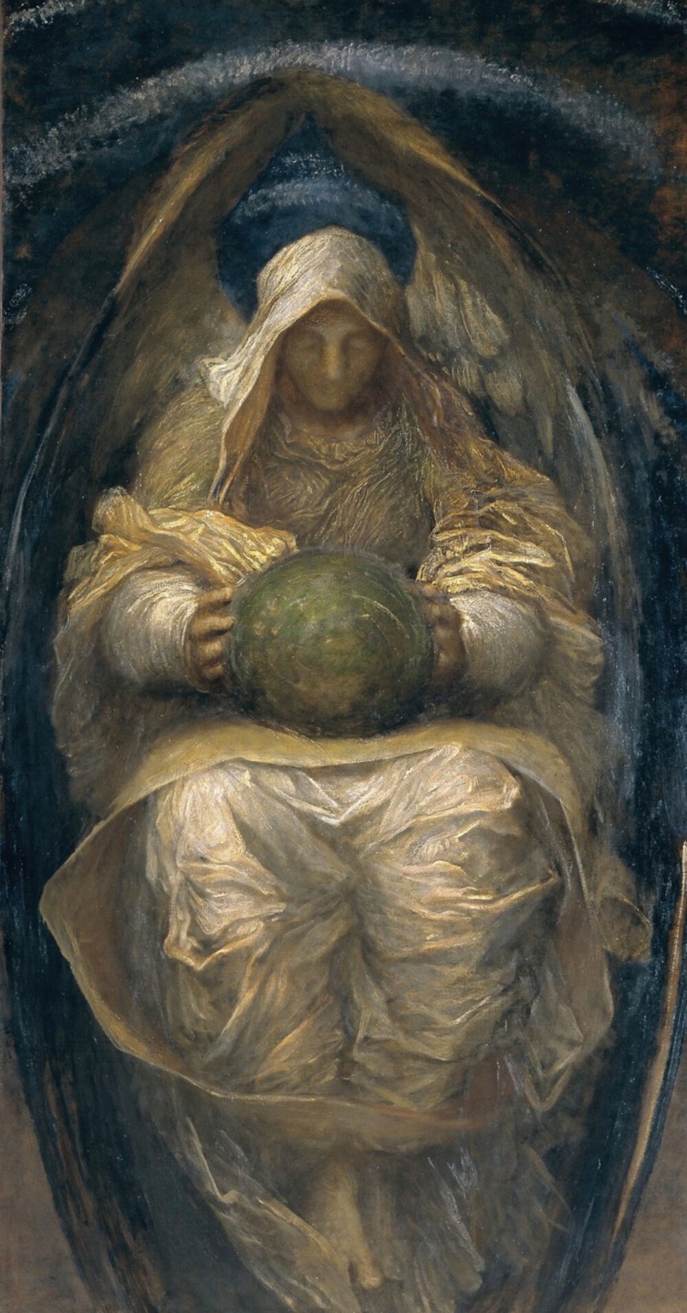 The All-Pervading by G.F. Watts: a veiled winged figure cradling a globe.