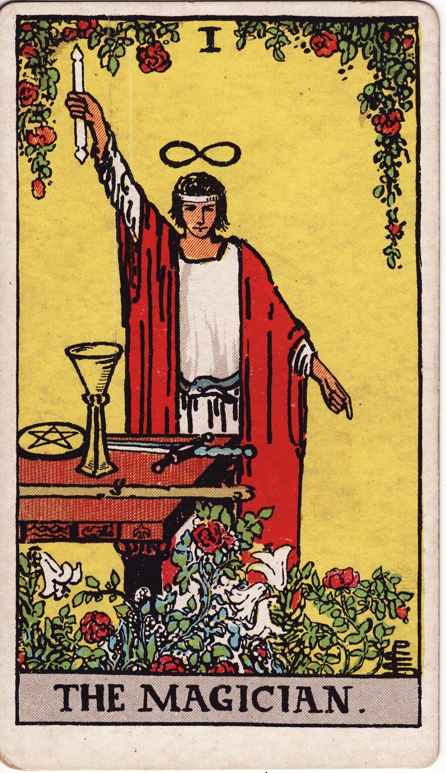 The Magician, Rider–Waite tarot: one hand raised to heaven, one pointed to earth.
