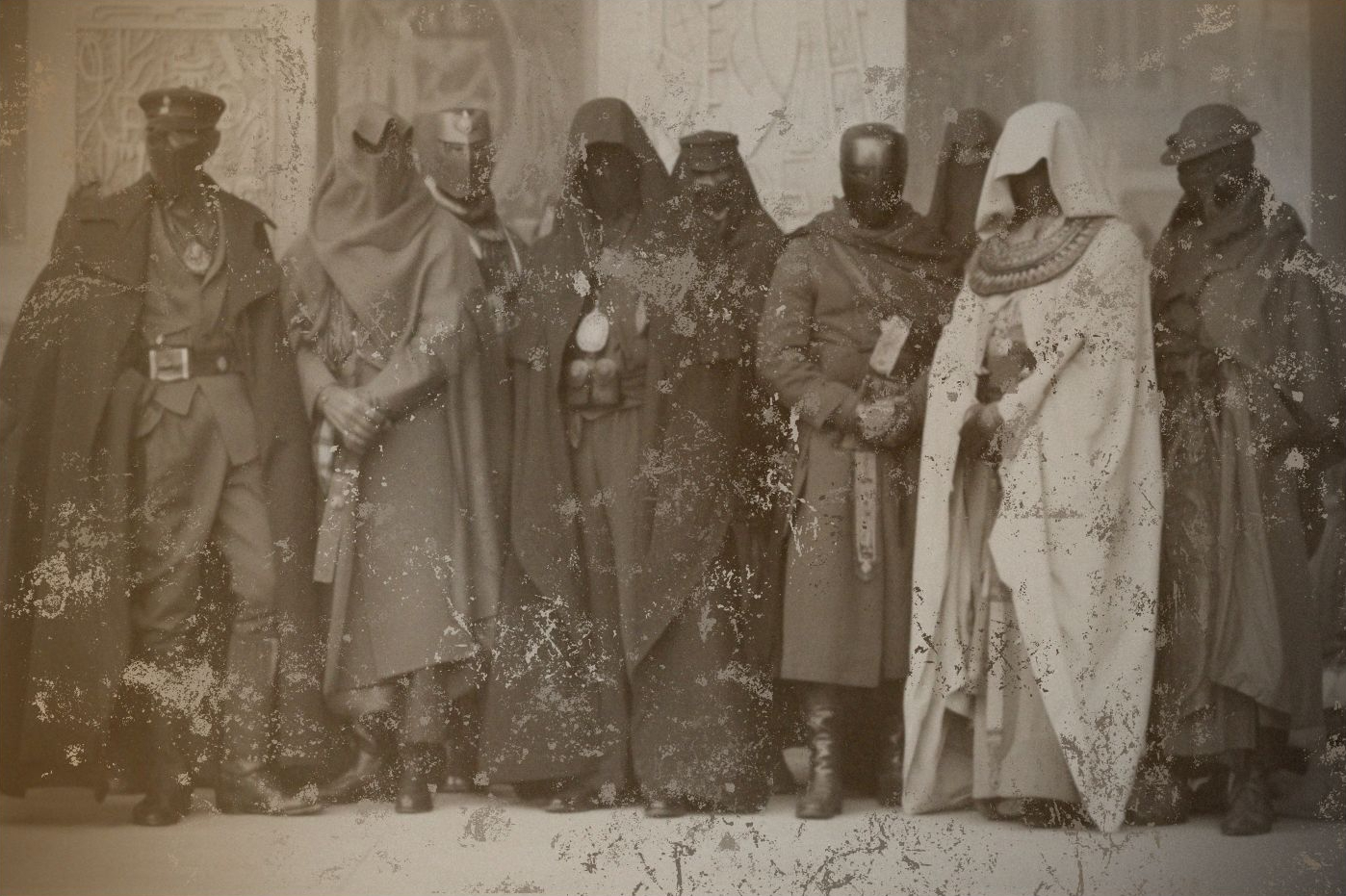 Only known photograph of the Nine Unknown. Nine veiled and uniformed figures before a carved temple wall.