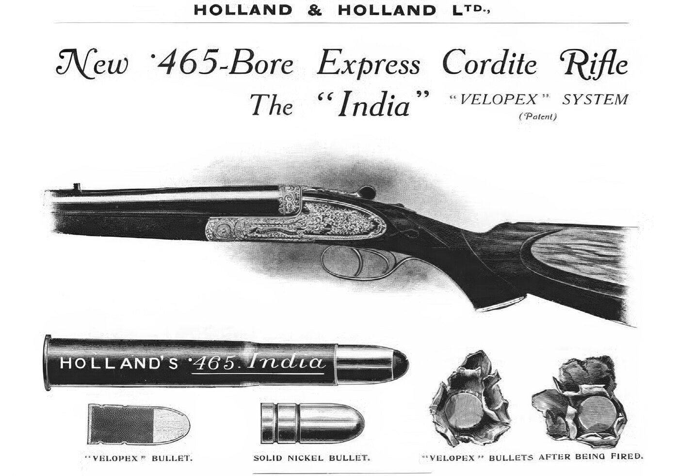 Holland and Holland catalogue advertisement for the .465 Express Cordite Rifle, 'The India'.